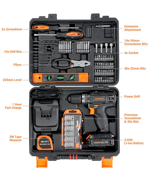 Open case showing Must Have Cordless Drill Set With 108 Piece Home Tool Kit, 20V Li-Ion Battery And Charger, tools organized.