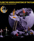 Miniature astronauts excavating a purple moon model, Space Gem Excavation Kit For Kids With Real Gemstones, Solar System STEM Toy.