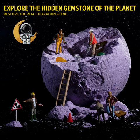 Miniature astronauts excavating a purple moon model, Space Gem Excavation Kit For Kids With Real Gemstones, Solar System STEM Toy.