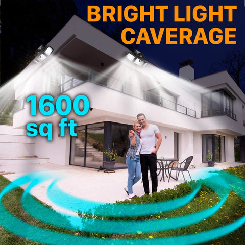Outdoor Solar Security Lights 216 LED Flood Lights 2200 Lumens 6500K Daylight illuminating house, male and female figures visible.