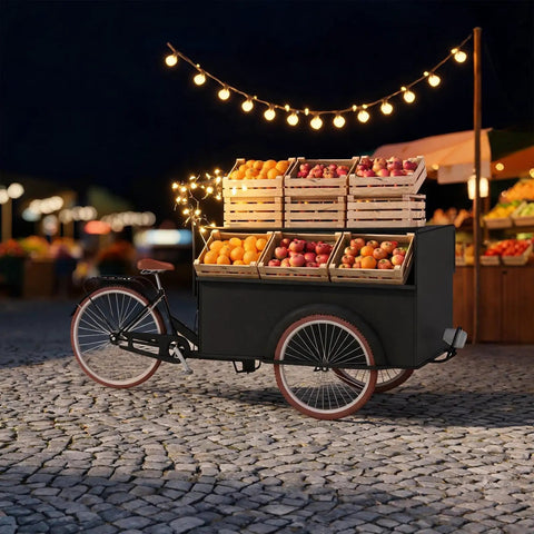 Kickstart Your Curbside Hustle With This Heavy Duty Outdoor Coffee Cart Featuring A Wide Canopy Sun Shade And Smooth Rolling Wheels For Mobile Vending Or Pop Up Market Sales with fruit crates.