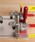 Close-up of Pro Grade Coping Sled For Router Table Aluminum Rail Guide with safety clamps and extended handles for tenoning.