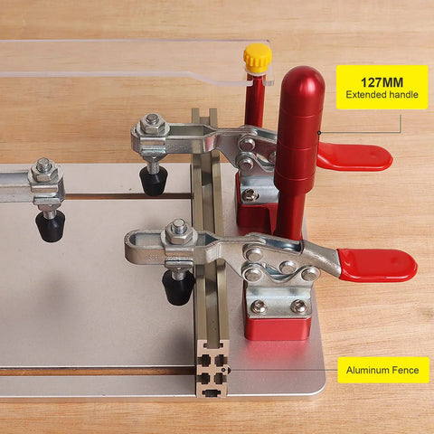 Close-up of Pro Grade Coping Sled For Router Table Aluminum Rail Guide with safety clamps and extended handles for tenoning.
