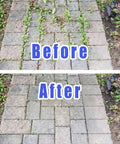 Before and after using 10 Inch Steel Wire Weed Wheel Brush Trimmer Head for Weed Eater and Weed Wacker on paving stones