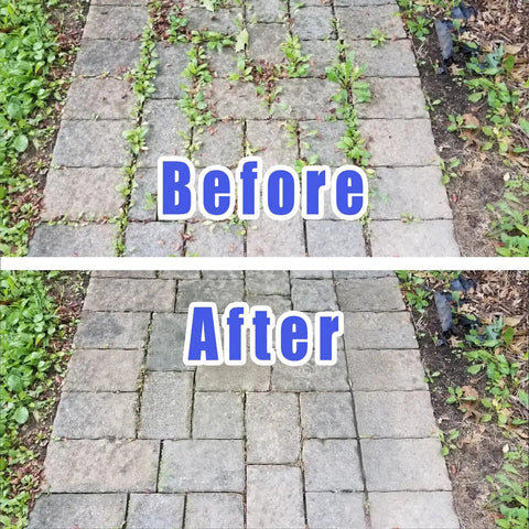 Before and after using 10 Inch Steel Wire Weed Wheel Brush Trimmer Head for Weed Eater and Weed Wacker on paving stones