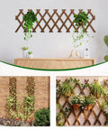 Expandable Garden Trellis For Climbing Plants Outdoor Adjustable Wooden Lattice Fence Panel 13.1 Inches By 67 Inches No Tool Needed EZ Install Roses Vines Ivy Clematis Cucumbers And More shown installed with plants indoors and outdoors.