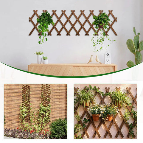 Expandable Garden Trellis For Climbing Plants Outdoor Adjustable Wooden Lattice Fence Panel 13.1 Inches By 67 Inches No Tool Needed EZ Install Roses Vines Ivy Clematis Cucumbers And More shown installed with plants indoors and outdoors.
