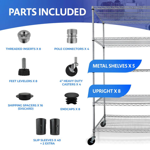 Beefy 5 Tier Heavy Duty Wire Shelving Rack With 4000 Lbs Capacity, 48 X 24 X 76 Chrome Wire Shelves On Wheels With 4 Inch Casters, NSF Commercial Rolling Rack, Adjustable Storage For Garage Kitchen Warehouse, parts included image