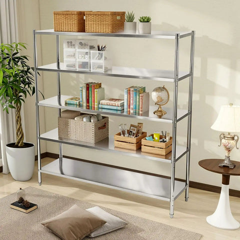 Five Tier Stainless Steel Shelving Rack With Heavy Duty Adjustable Storage Shelves delivering garage organization with books and decor.