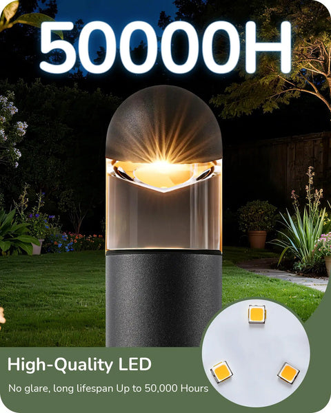 Low Voltage Landscape Lighting 12V 3W 3000K Warm White Outdoor Bollard Lights illuminating garden with LED detail inset