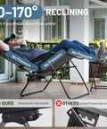Oversized 33 Inch Wide Zero Gravity Chair With Side Table Full Padded Outdoor Lounge Recliner For Camping And Patio Lawn Heavy Duty 500lbs Support Grey shown reclining on patio