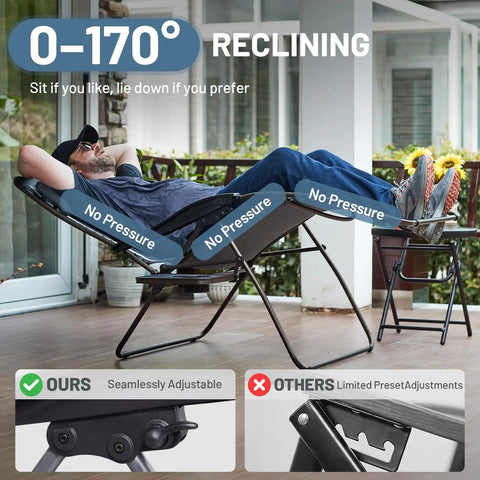Oversized 33 Inch Wide Zero Gravity Chair With Side Table Full Padded Outdoor Lounge Recliner For Camping And Patio Lawn Heavy Duty 500lbs Support Grey shown reclining on patio