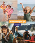 Emissary Kids 3-piece unicorn luggage set for girls; collage of children traveling with the Emissary logo.