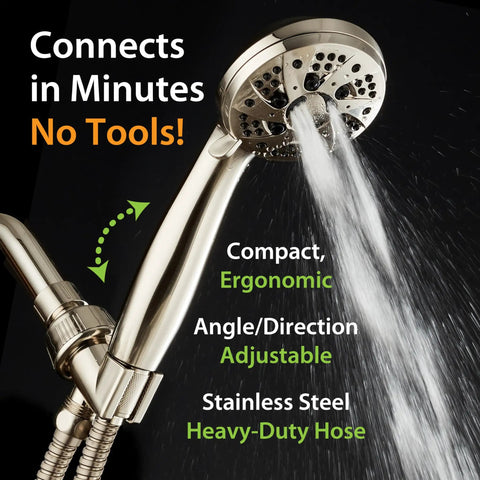 High Pressure 6 Setting Brushed Nickel Handheld Shower Head with Stainless Steel Hose spraying water