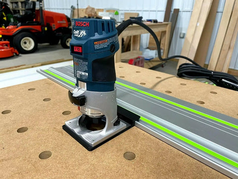 Guide Rail Adapter Compatible With Bosch Colt 1Hp Router For Track Saw Systems on polished MDF work surface