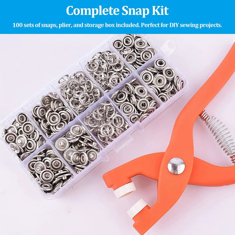 Heavy Duty Copper Snap Button Kit With One Hundred Rustproof Fasteners And QuickPress Plier Plus Smart Storage Box for sewing.