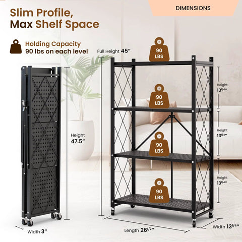 4 Tier Foldable Storage Shelf On Wheels Easy Grab And Go Rolling Cart for Books and Pantry with dimensions and weight capacity