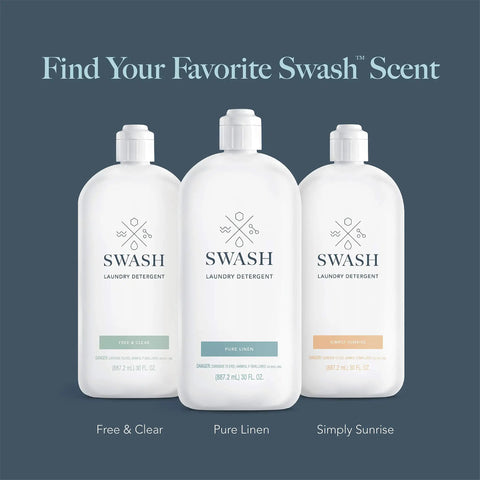 Three bottles of Swash liquid detergent in Free & Clear, Pure Linen, and Simply Sunrise scents against a dark background.