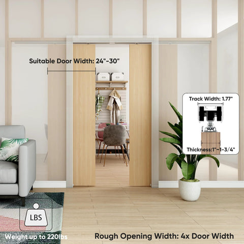 Double Pocket Door Track Kit With 10 Ft Rails, 2 Sets of 56.7 Inch Spliced Rails for Double Doors from 48 to 60 Inches Wide; Installed View