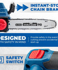Close-up of Brushless Cordless Chainsaw With 12 Inch Bar 20V Power, showing safety switch and instant-stop chain brake.