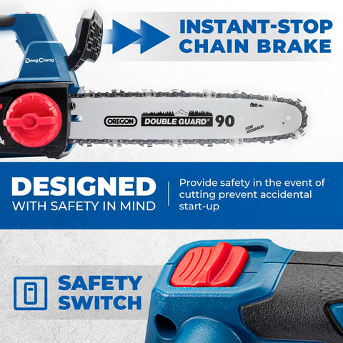 Close-up of Brushless Cordless Chainsaw With 12 Inch Bar 20V Power, showing safety switch and instant-stop chain brake.