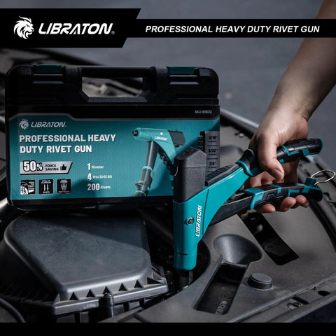 Libraton Heavy Duty Pop Rivet Gun One Handed with handle, showing ergonomic grip and tool kit on vehicle engine.