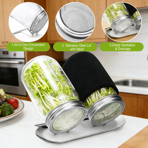 Complete All In One Sprouting Kit With Glass Mason Jars, Stainless Steel Mesh Lids, Angled Drainage Stand, And Light Blocking Sleeves, 2 Pack