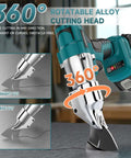 Beast Mode Cordless Sheet Metal Cutter with 360 Degree pivoting head, shown cutting metal with variable speed shears.