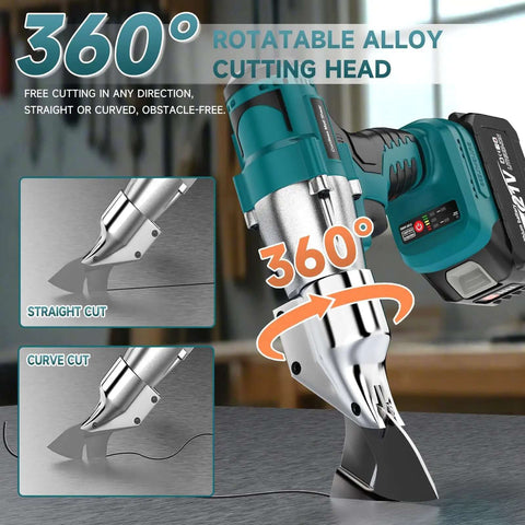 Beast Mode Cordless Sheet Metal Cutter with 360 Degree pivoting head, shown cutting metal with variable speed shears.