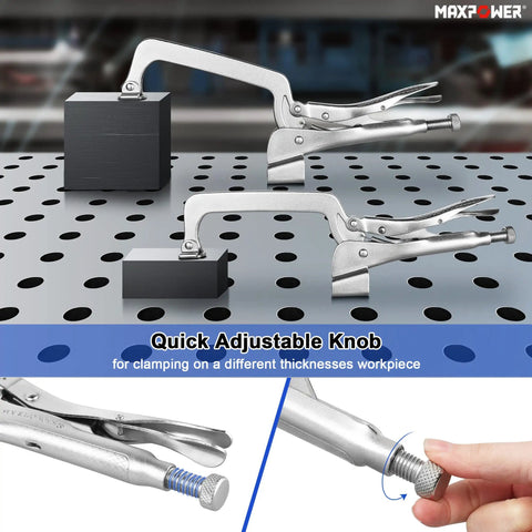 Two Pack 14 Inch Bench Clamp System For Welding Tables Heavy Duty C Clamps With M8 Bolts Deep Reach Jaw Four Seven Eight Inch Throat Five And Five Eighth Inch Table Mounted Ideal For Welding Woodworking Drilling Routing And Assembly, adjustable knob detail
