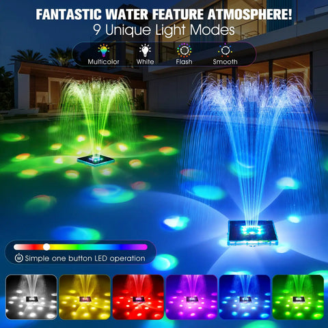 Upgraded 2026 Solar Pool Fountain With Light Show, vibrant colors in above ground pool, large floating water fountain