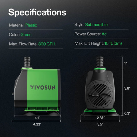 VIVOSUN 800GPH submersible water pump with green plastic housing and 3 nozzles for fish tanks, ponds, or aquariums