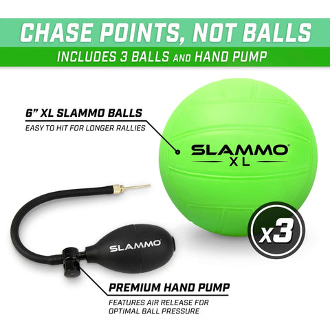 Slammo XL Extra Large Round Net Game For Beginners with 6 inch green ball, hand pump, and features for longer rallies.