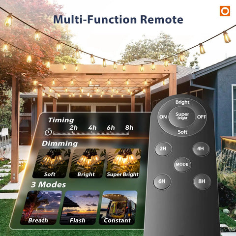 102Ft Solar String Lights With Remote Waterproof Outdoor Patio Garden Lights 32 Shatterproof LED Bulbs remote and features displayed