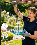 Hanging Solar Bird Bath Fountain With Glass Bowl Outdoor Garden Water Feature No Wiring Solar Pump Direct Sun Activated Gentle Flow For Hummingbirds Large Blue Hanging Bird Bath ready to install in garden