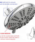 Next Level 5 Inch Anti Clog High Pressure 3 Way Large Dual Shower Head with close-up of brass ball joint and anti-clog nozzles.