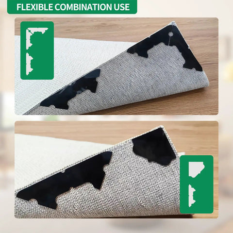 16 Pack Non Slip Carpet Tape and Rug Pads for Area Rugs on Hardwood Floors, showing reusable corner pads on rug edges.