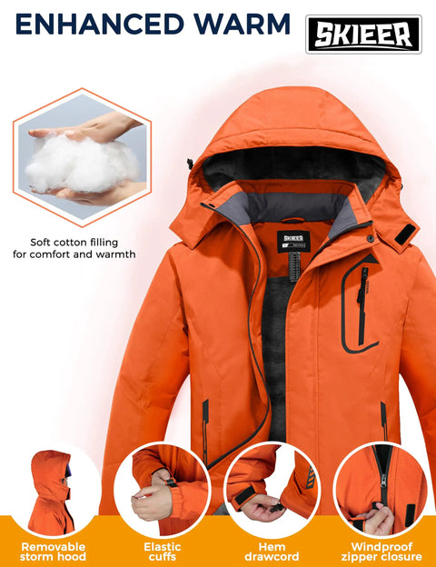 Men's Waterproof Ski Jacket With Fleece Liner, Rainproof Warm Snow Coat, 10,000mm Waterproof Rating, Orange Large with hood