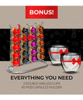 Compact Black Espresso Machine Bundle Pushing 20 Bar Pressure For Rich Creamy Crema In Just 30 Seconds includes 2 double-walled cups and 40-pod holder.
