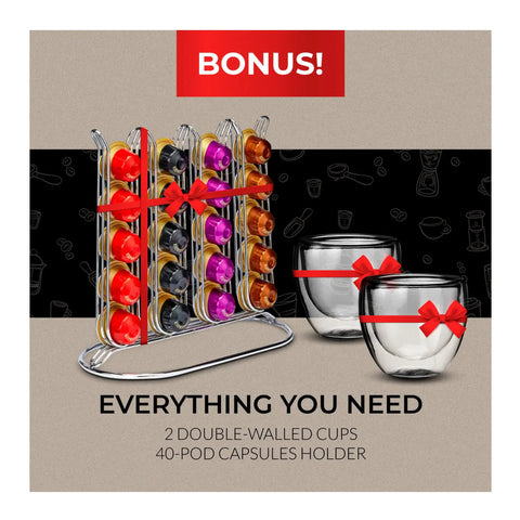 Compact Black Espresso Machine Bundle Pushing 20 Bar Pressure For Rich Creamy Crema In Just 30 Seconds includes 2 double-walled cups and 40-pod holder.