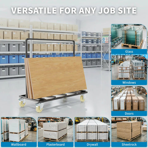 Heavy Duty Folding Drywall Cart Dolly With 1800 Lbs Capacity For Panels Plywood Lumber And Glass, Adjustable Handle Height For Easy Push On The Job, Steel Frame Black, A Real Workhorse For On Site Construction And Warehouse. with plywood on wheels