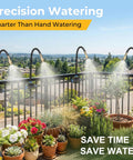 Balcony garden with Fifty Foot Drip Irrigation Kit with 360 degree adjustable brass misting nozzles watering potted plants