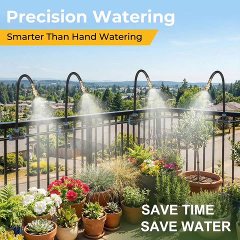 Balcony garden with Fifty Foot Drip Irrigation Kit with 360 degree adjustable brass misting nozzles watering potted plants