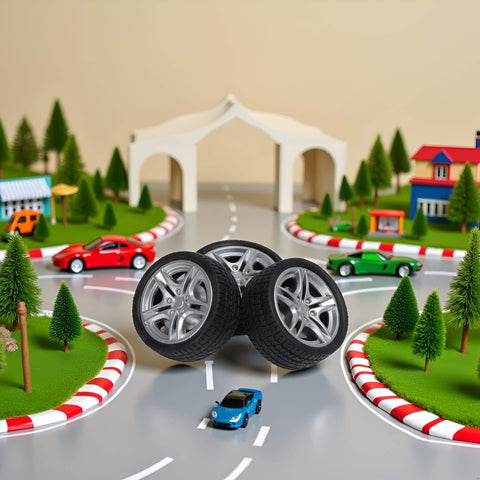 Four Piece 48MM Rubber Toy Car Wheel Set For RC Models, shown in a model race track environment, emphasizing toy car use.