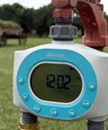 Two Zone Hose Timer For Garden And Lawn With LCD Display And Rain Delay Dual Outlet Sprinkler Controller mounted on faucet