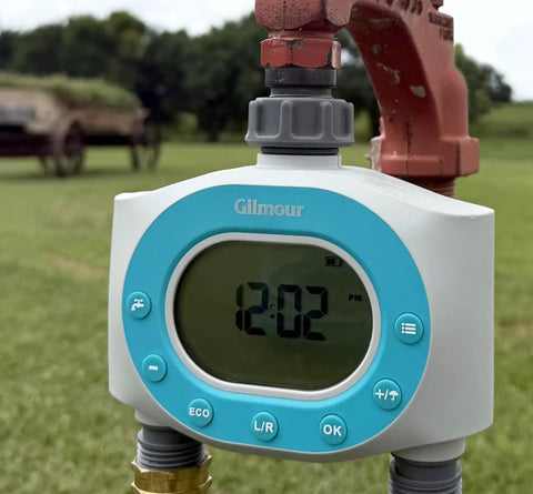 Two Zone Hose Timer For Garden And Lawn With LCD Display And Rain Delay Dual Outlet Sprinkler Controller mounted on faucet