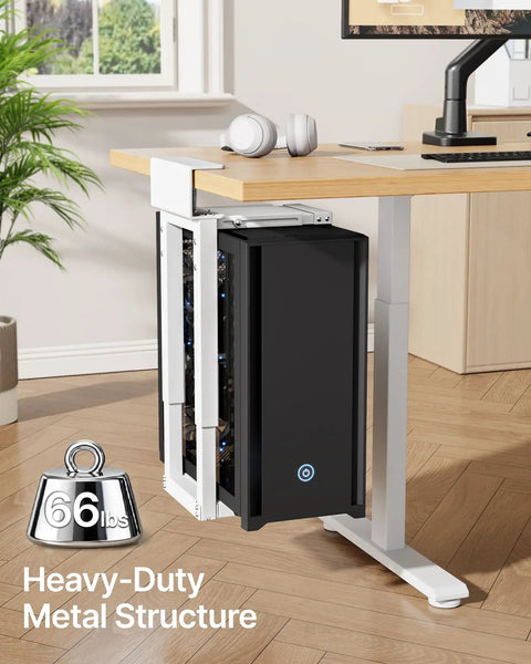 Under Desk PC Mount, Beefy Heavy-Duty Adjustable CPU Holder For Standing Desk, Gaming And Home Office Setup, Fits Most PC Cases 16.1 To 25.6 Inches High, Space Saving CPU Mount, Supports Up To 66 Lbs, White. Attached to desk in home office.