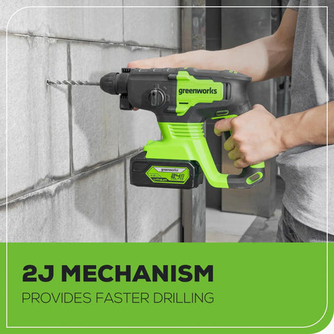 Person using Beast Of A Cordless Rotary Hammer Drill With Brushless 24V Motor 2 Joule Impact SDS Plus on concrete wall