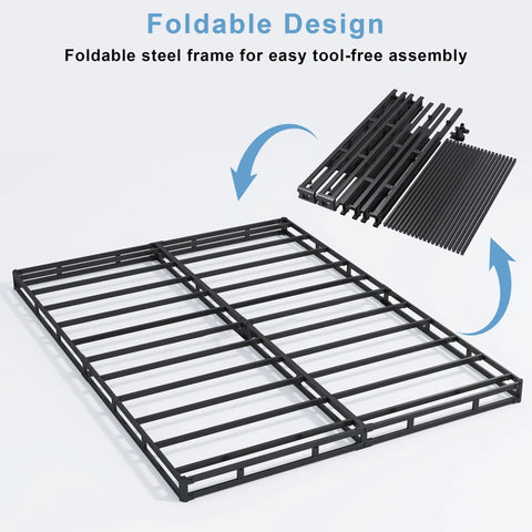 Rock Solid Heavy Duty 3 Inch Low Profile Full Size Box Spring Replacement Mattress Foundation With Built Tough Reinforced Quiet Steel Slats For Foam Or Hybrid Beds Handles 3000 Pounds showing foldable steel frame.