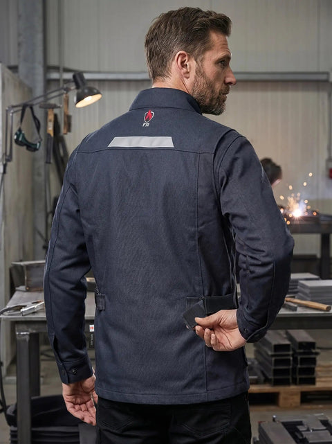 Heavy Duty Flame Resistant Welding Jacket For Men With 9.5 Oz 100 Percent Cotton Fabric Nfpa 2112 Certified Job Site Workwear Featuring Reflective Backstrip And Durable Daily Grind Comfort